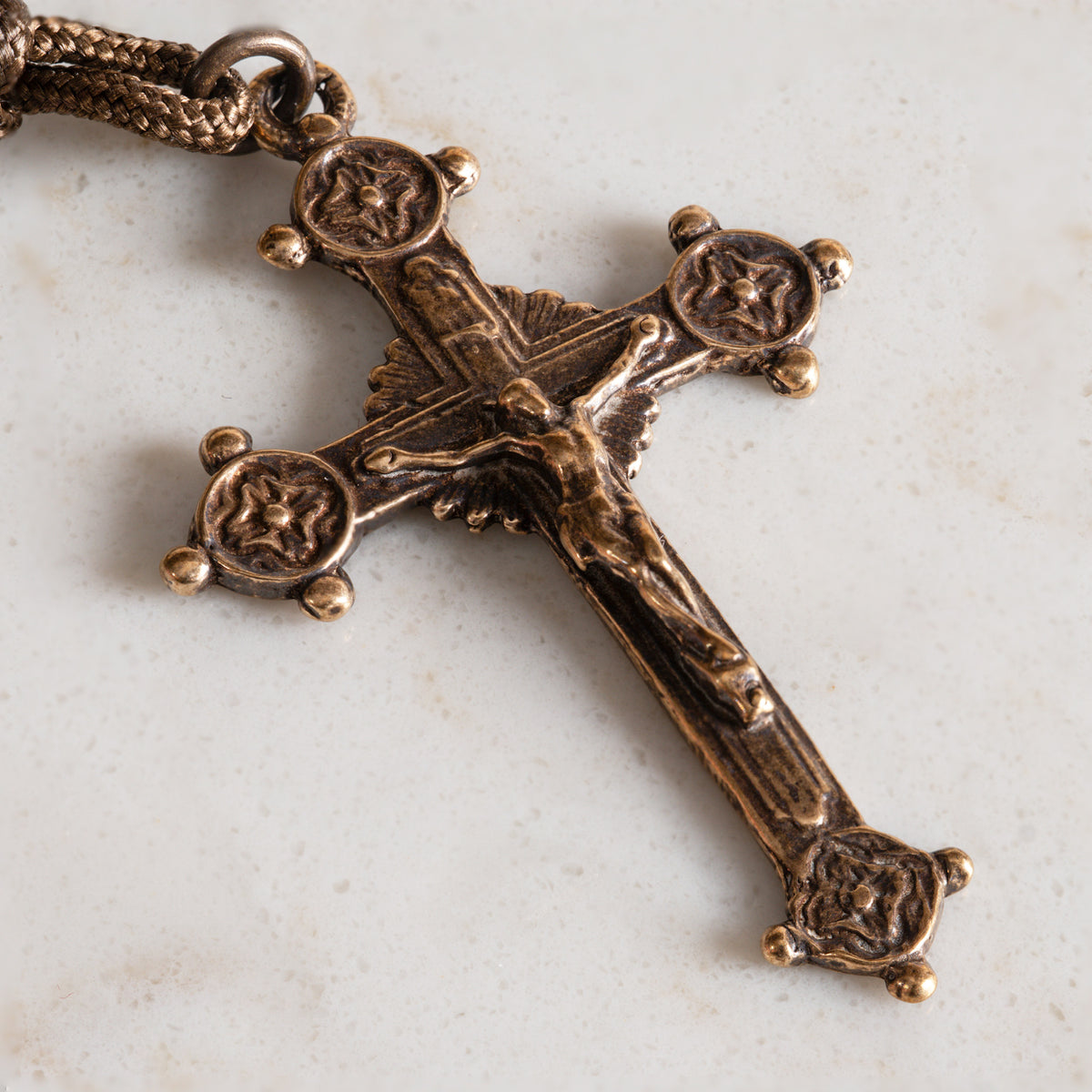 Solid bronze Trinity crucifix on the Defender of the Faith rosary