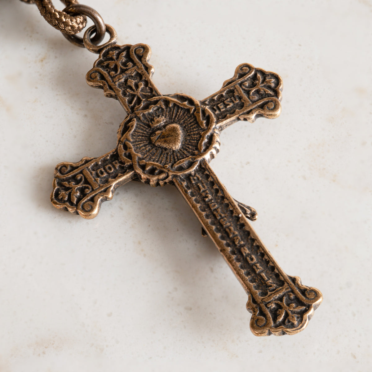 Solid bronze Sacred Heart crucifix on the Fountain of Life rosary