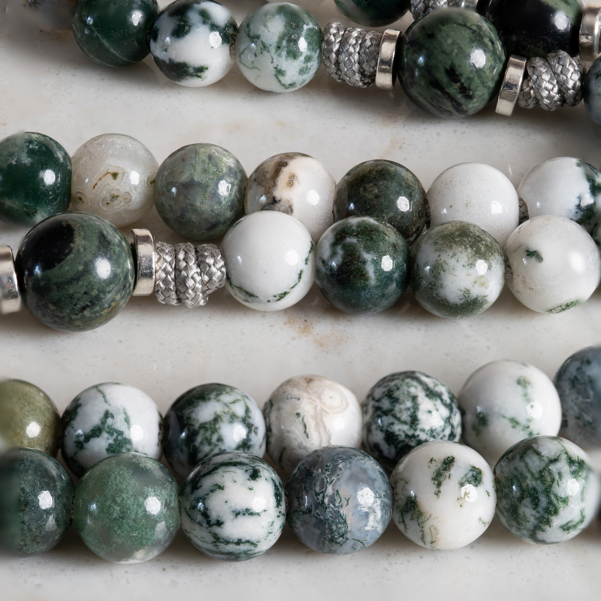Close-up of Green Tree Agate and Kambaba Jasper beads on the Mystical Rose rosary