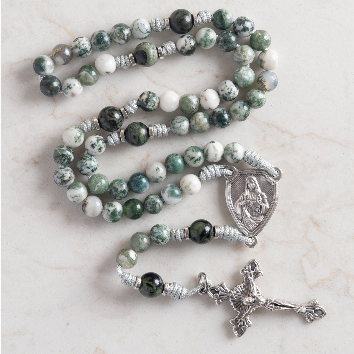 Mystical Rose rosary made with Green Tree Agate and Kambaba Jasper beads