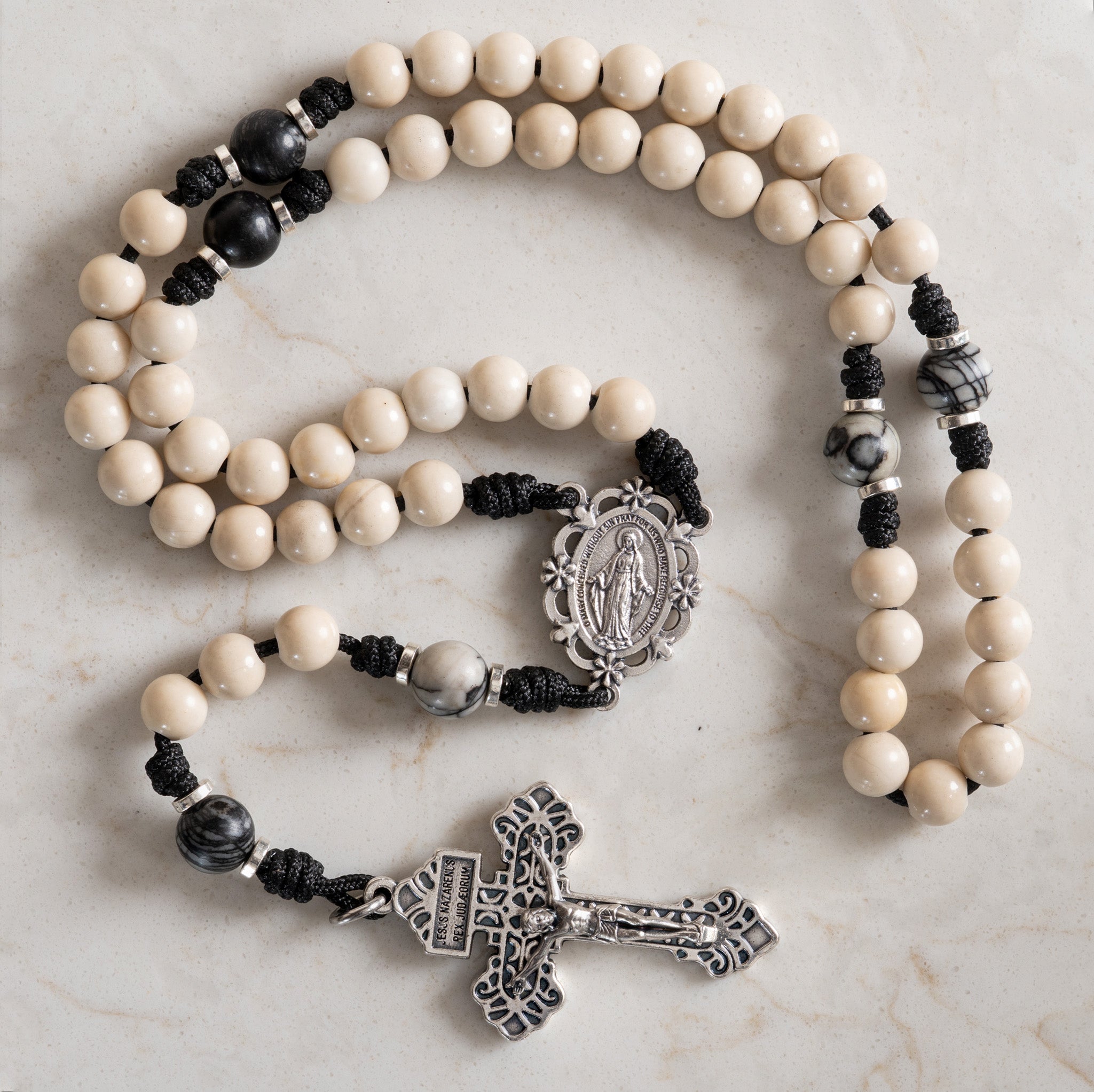 Our Lady of Sorrows rosary made with Fossil Jasper and Black Picasso Jasper beads