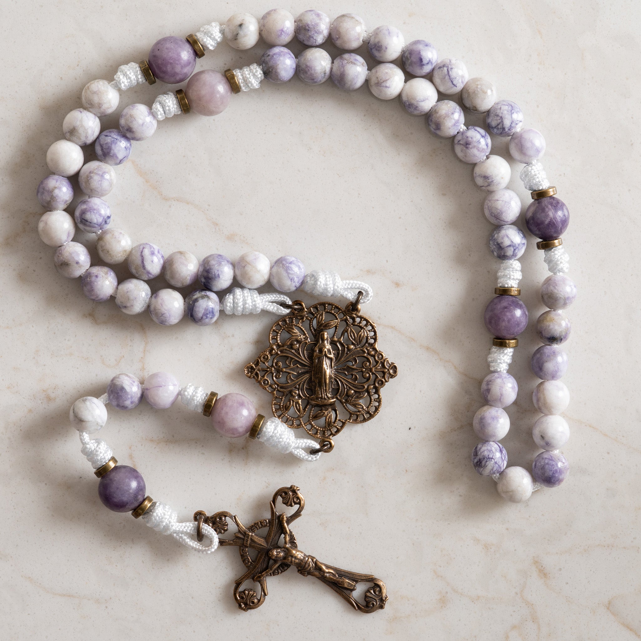 Queen of Heaven Heirloom rosary made with Tiffany Jasper, Lepidolite, and solid bronze