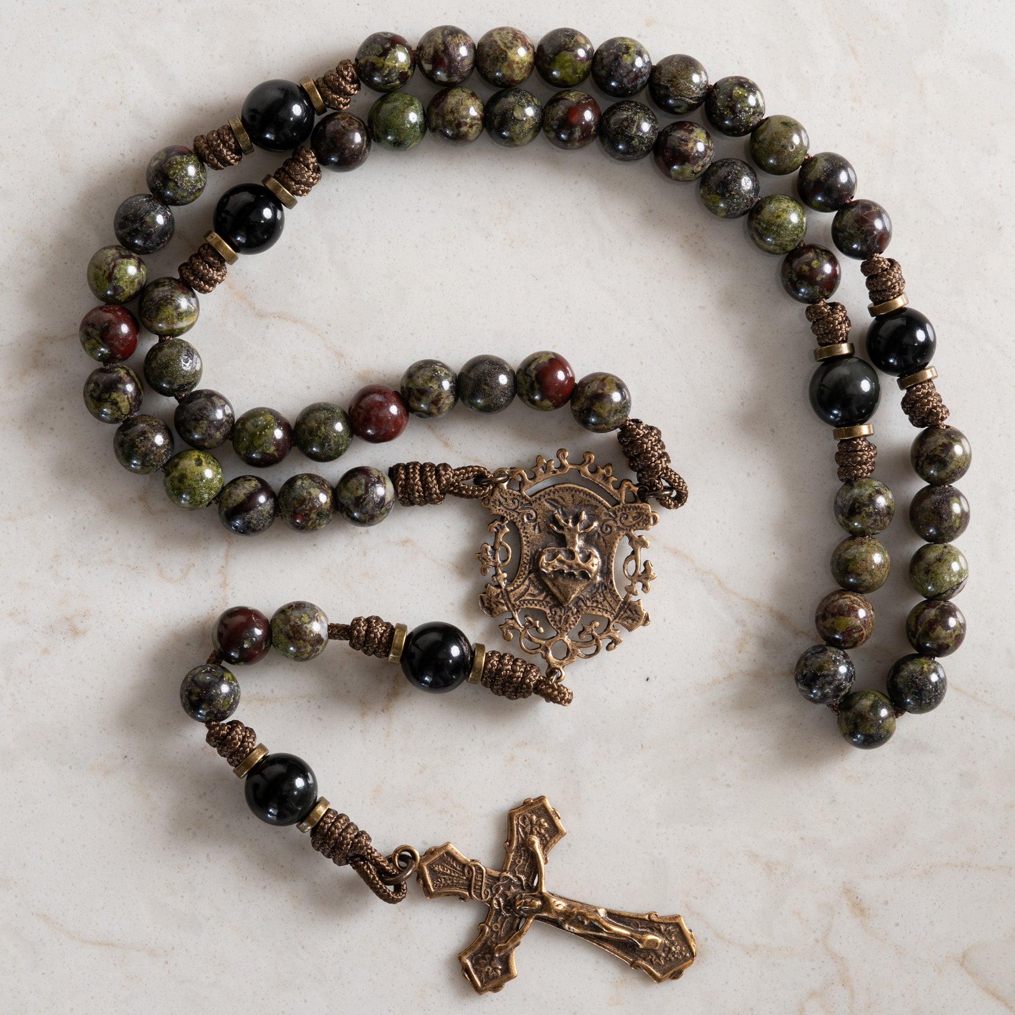 Sacred Heart rosary made with Dragon’s Blood Jasper, Rainbow Obsidian, and solid bronze