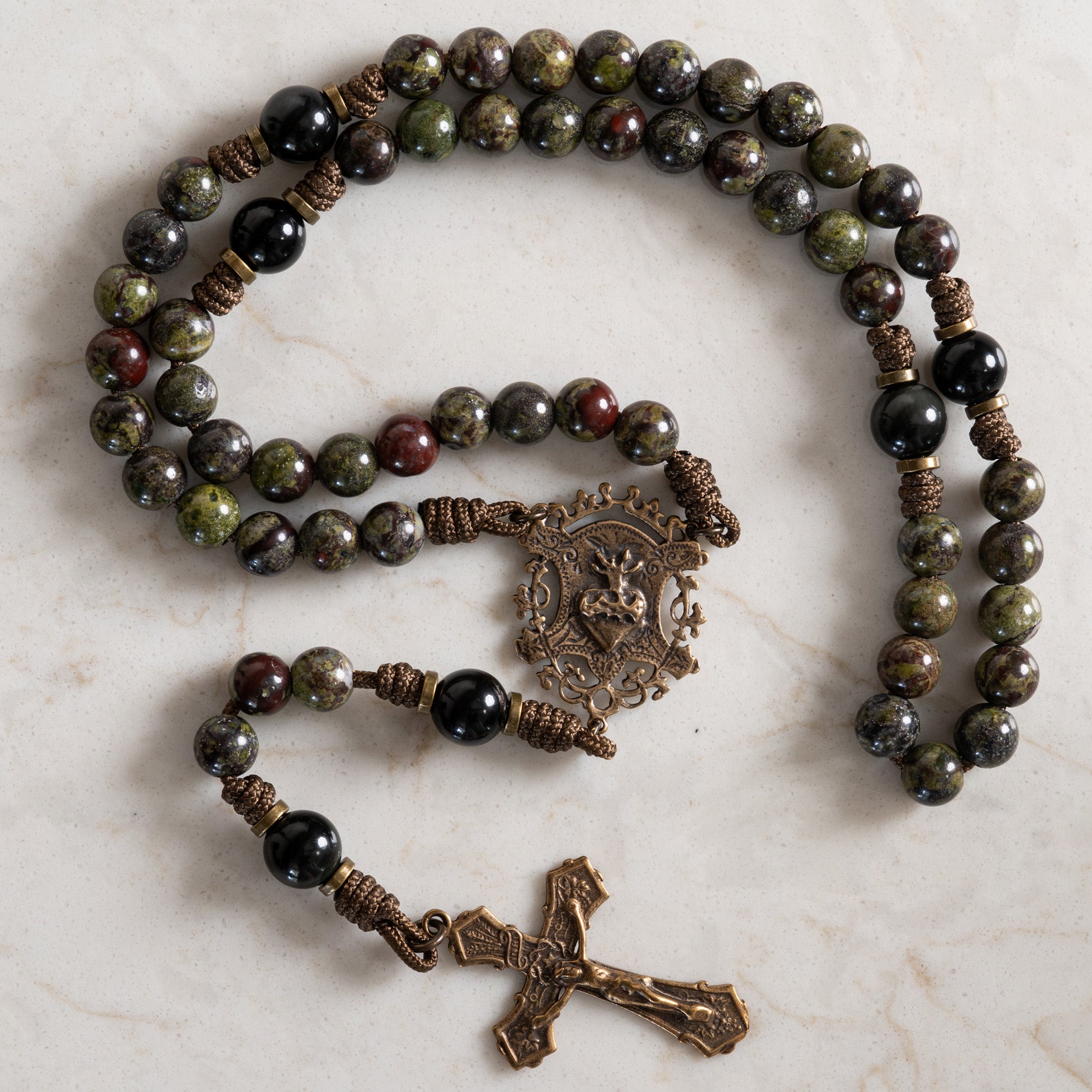 Sacred Heart rosary made with Dragon’s Blood Jasper, Rainbow Obsidian, and solid bronze