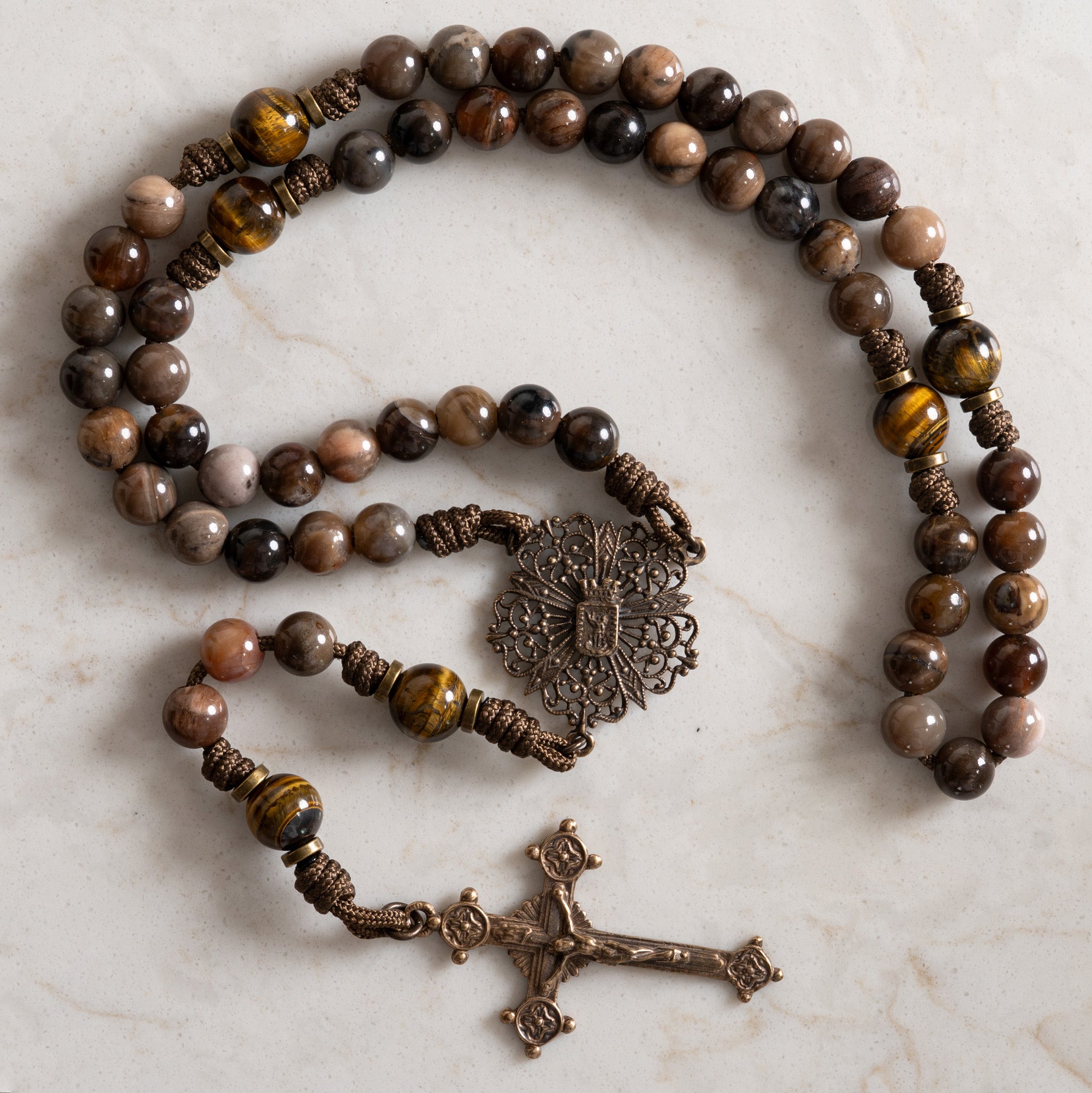 Defender of the Faith rosary made with Petrified Wood, Tiger’s Eye, and solid bronze