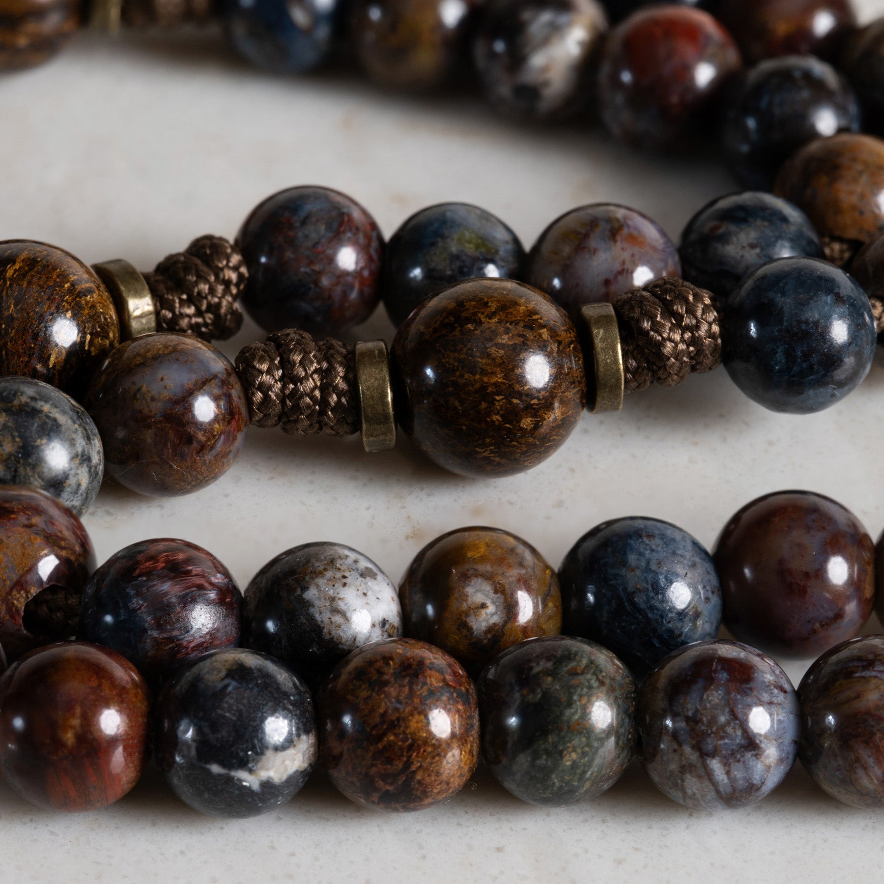 Close-up of Pietersite and Bronzite beads on the Fountain of Life rosary