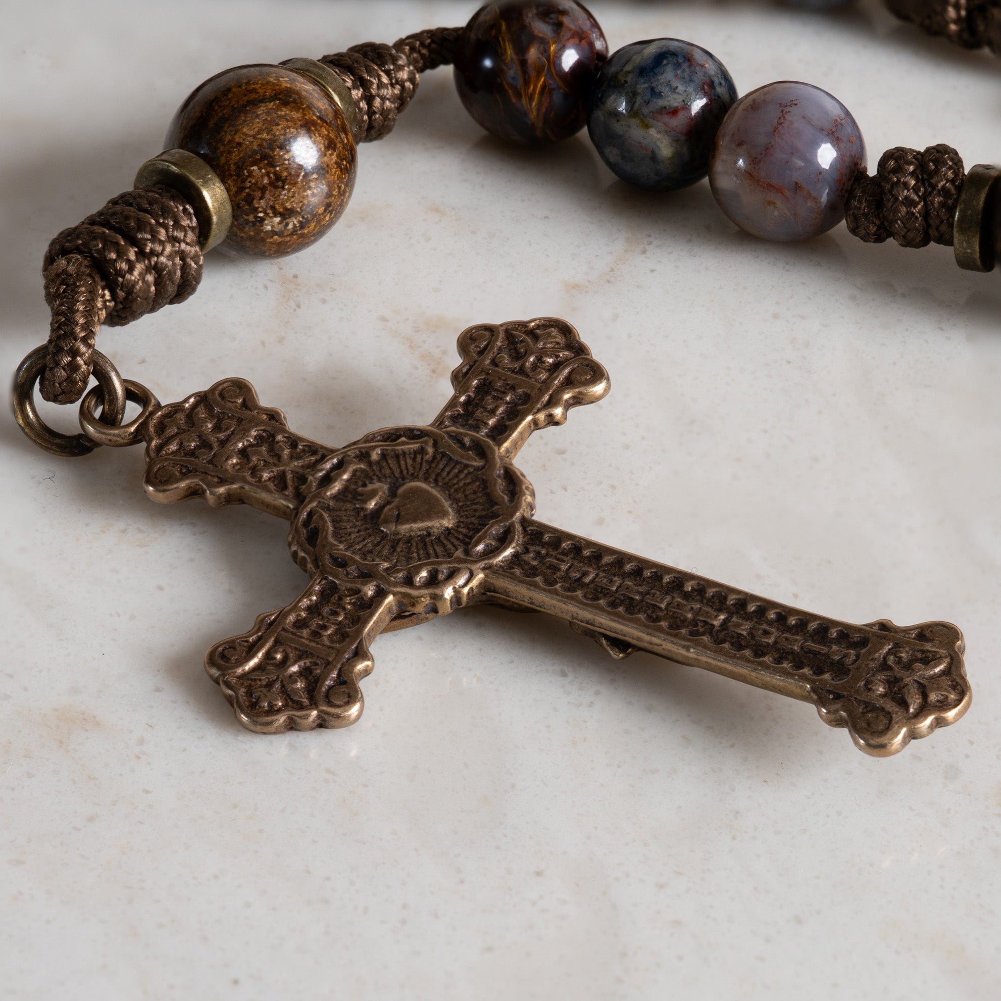 Solid bronze Sacred Heart crucifix on the Fountain of Life rosary