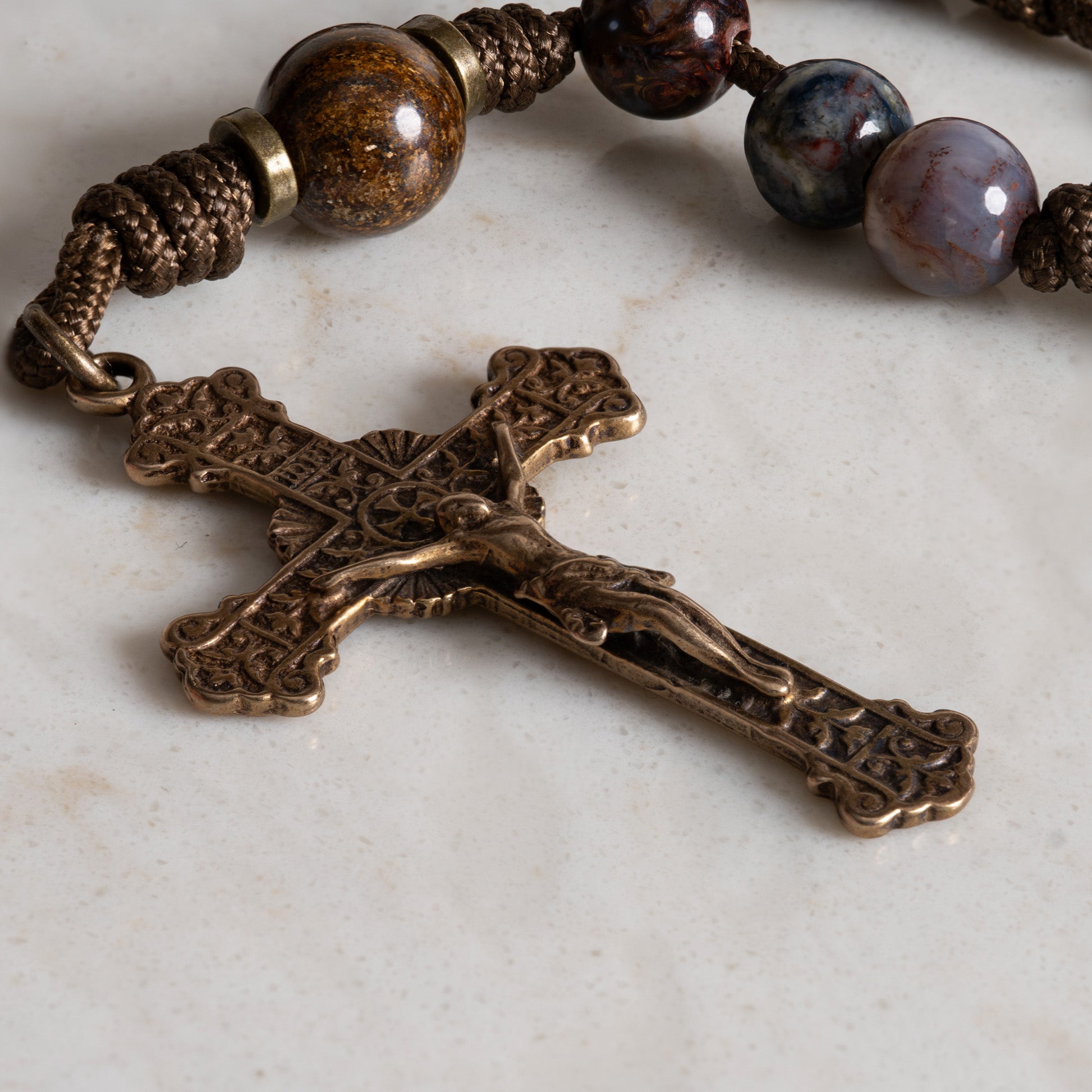 Solid bronze Sacred Heart crucifix on the Fountain of Life rosary