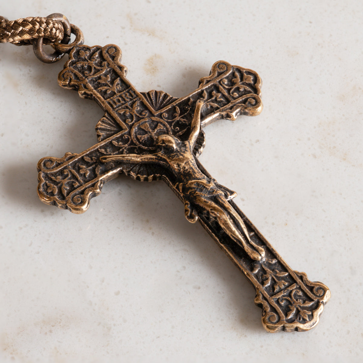 Solid bronze Sacred Heart crucifix on the Fountain of Life rosary