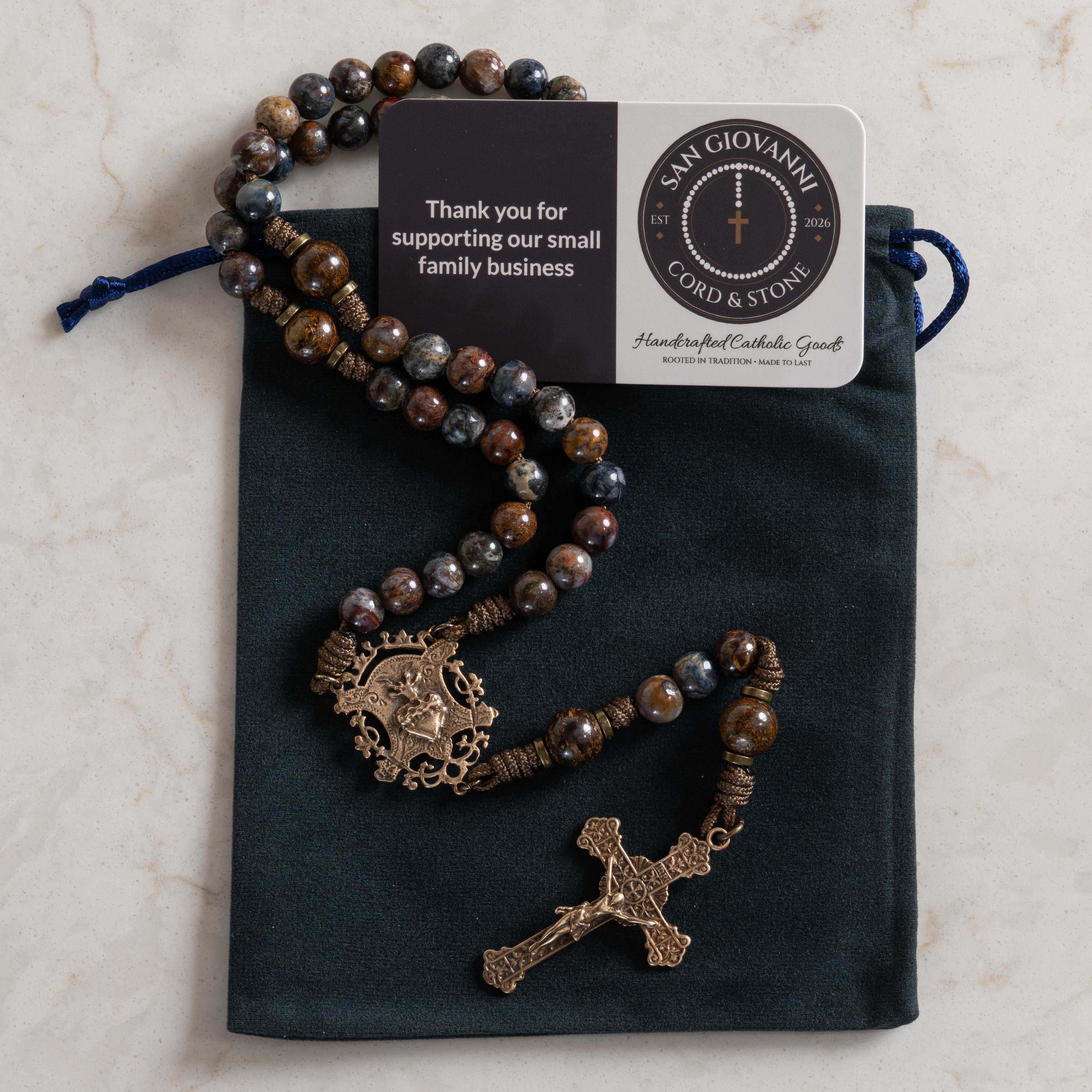 Fountain of Life rosary presented in San Giovanni Cord and Stone packaging