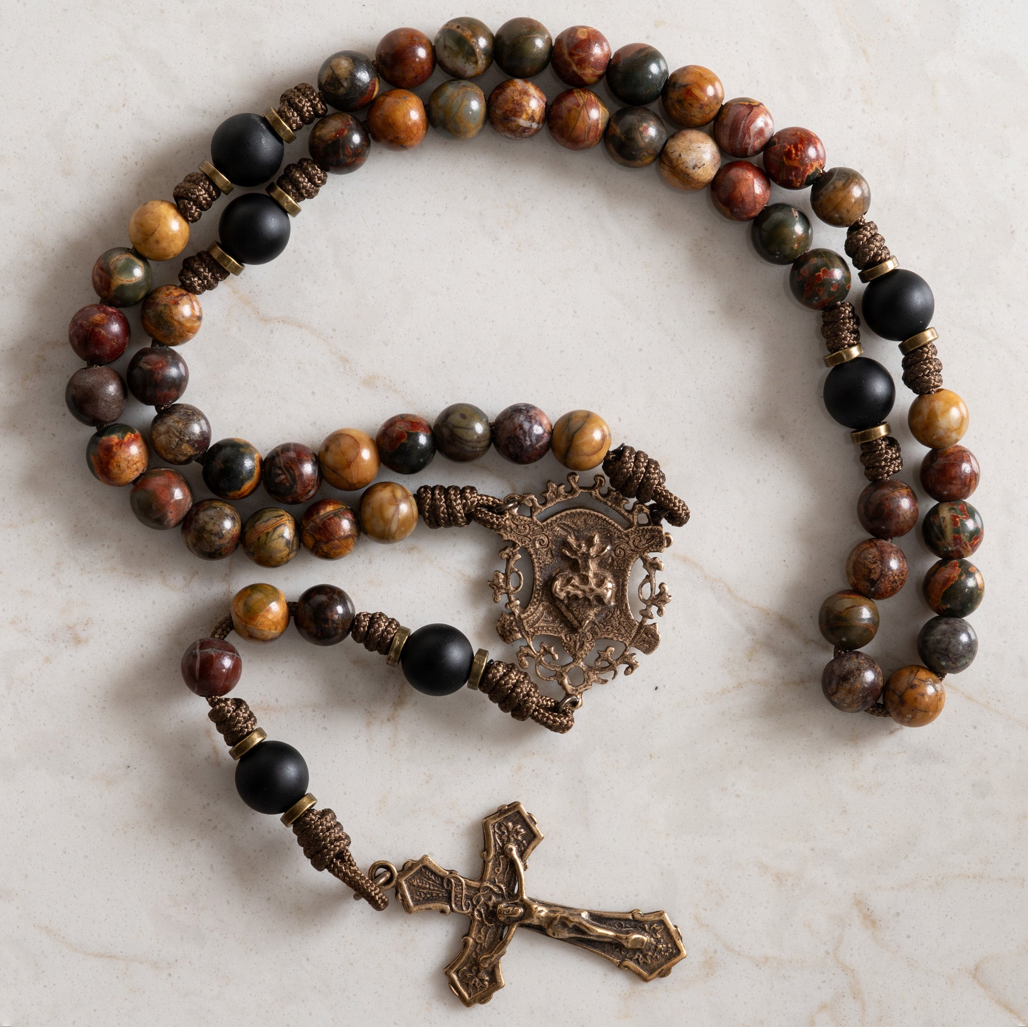Furnace of Charity rosary made with Red Creek Jasper, matte Black Onyx, and solid bronze