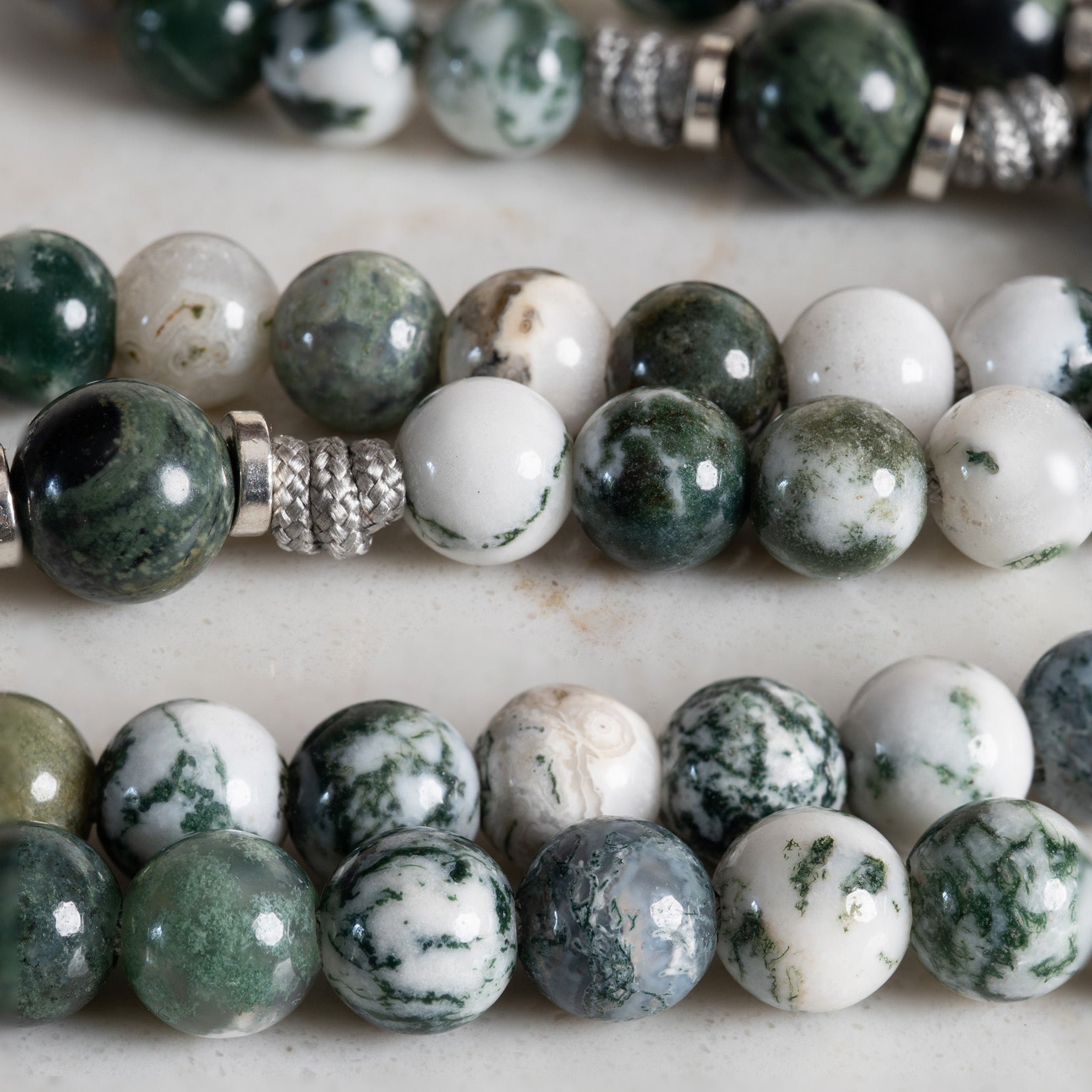 Close-up of Green Tree Agate and Kambaba Jasper beads on the Mystical Rose rosary