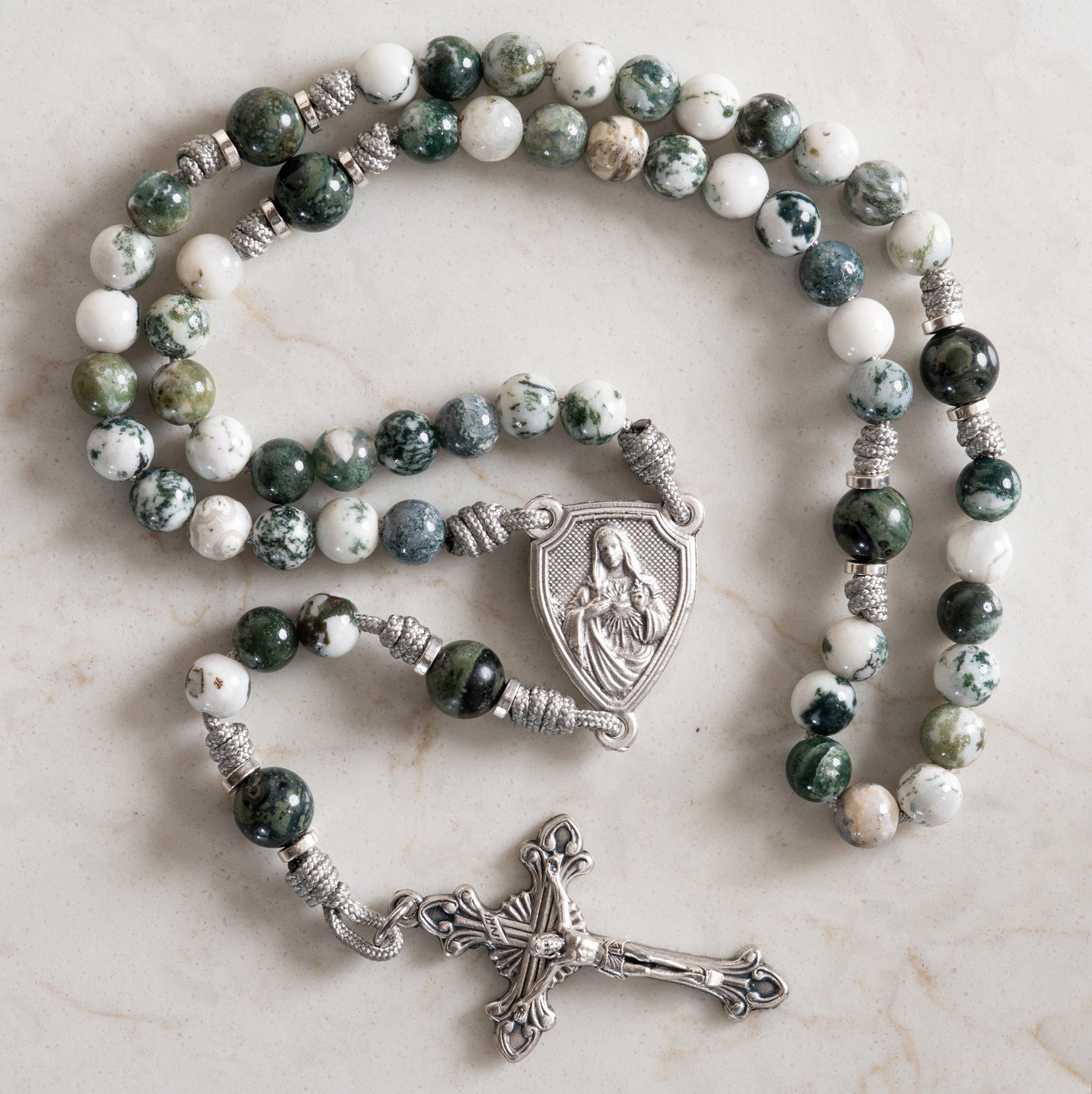 Mystical Rose rosary made with Green Tree Agate and Kambaba Jasper beads