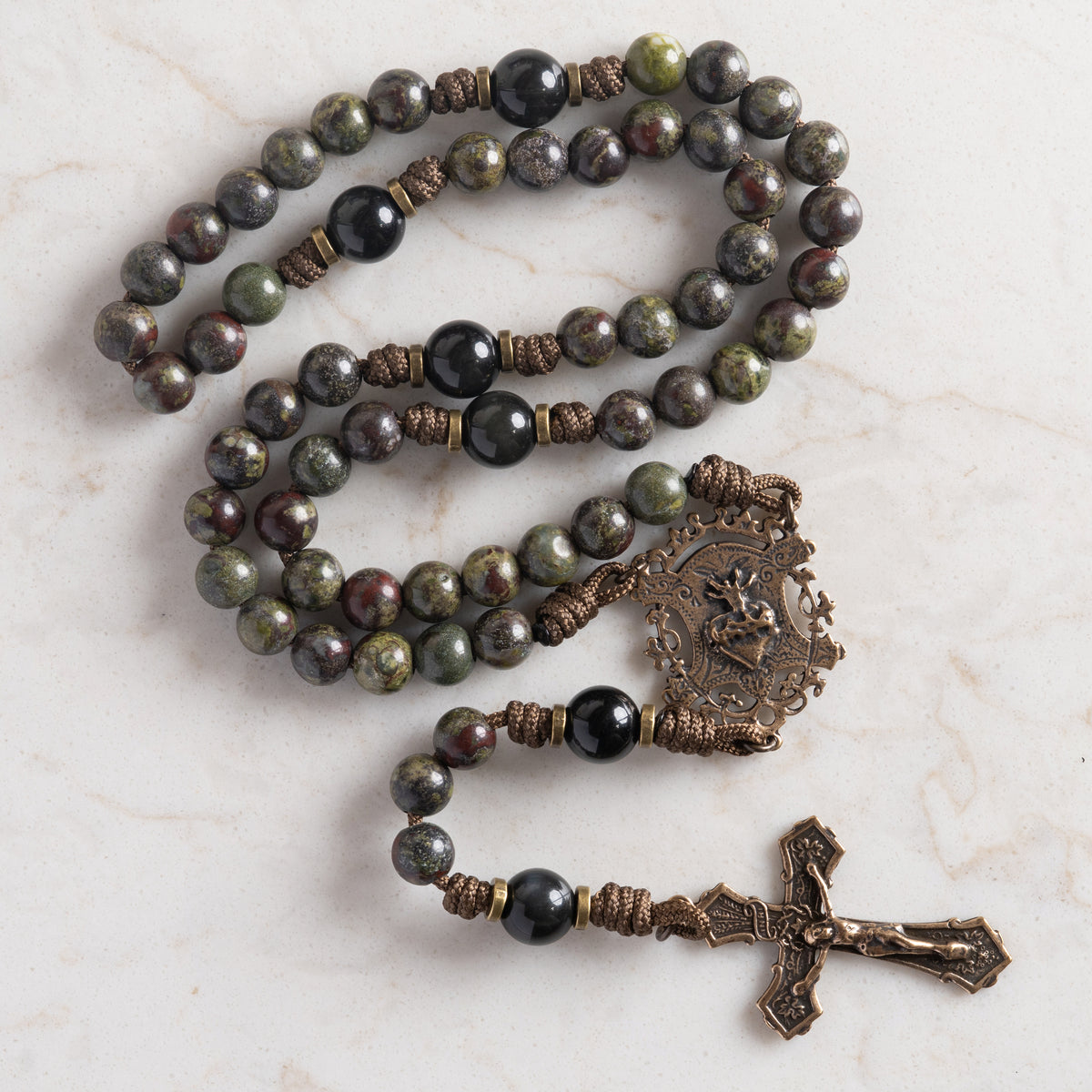Sacred Heart rosary made with Dragon’s Blood Jasper, Rainbow Obsidian, and solid bronze