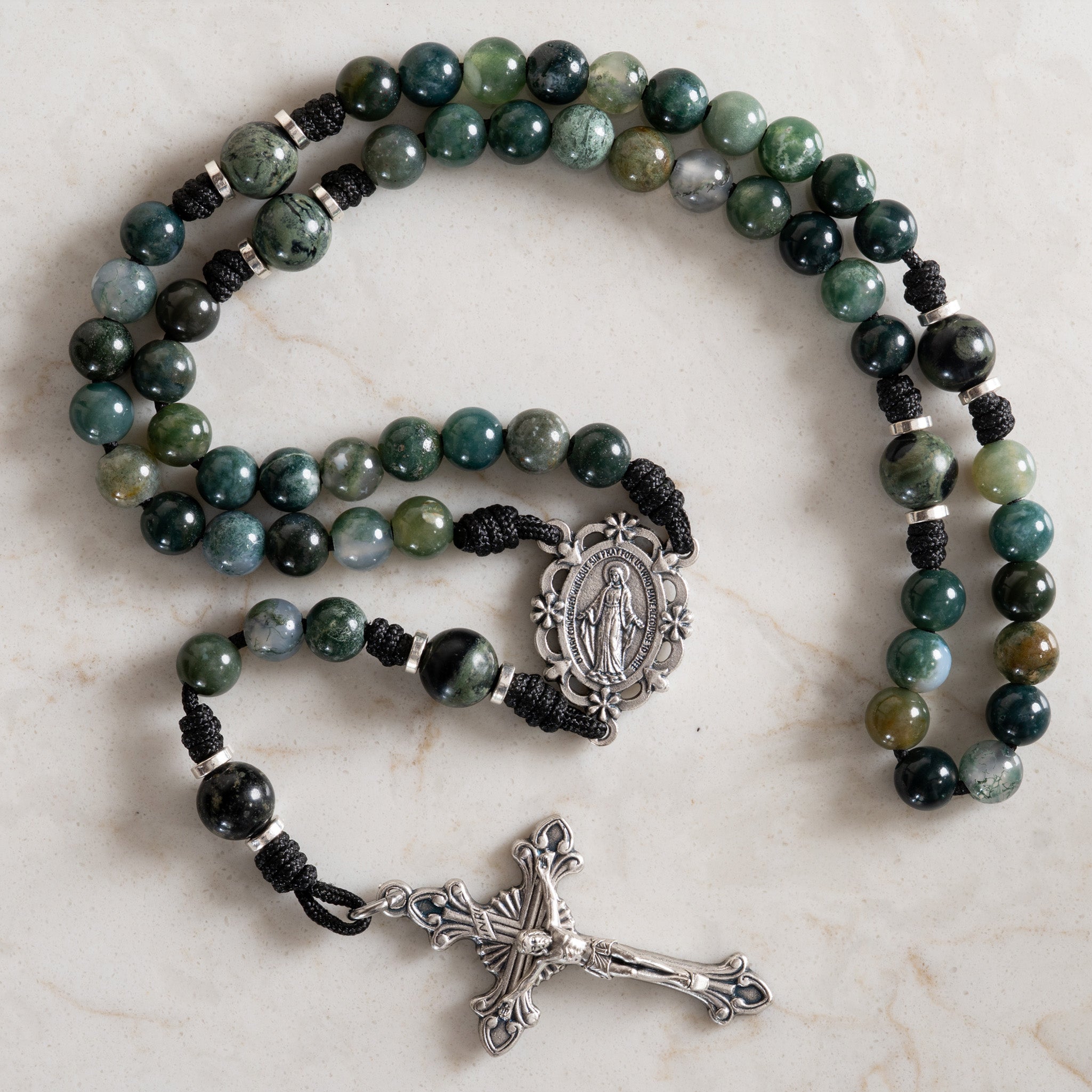 Seat of Wisdom rosary made with Moss Agate and Kambaba Jasper beads