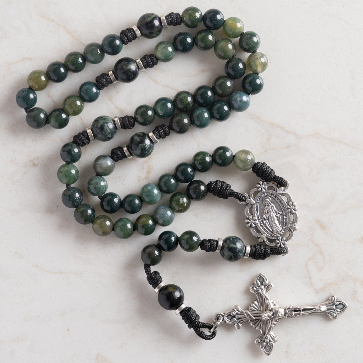 Seat of Wisdom rosary made with Moss Agate and Kambaba Jasper beads